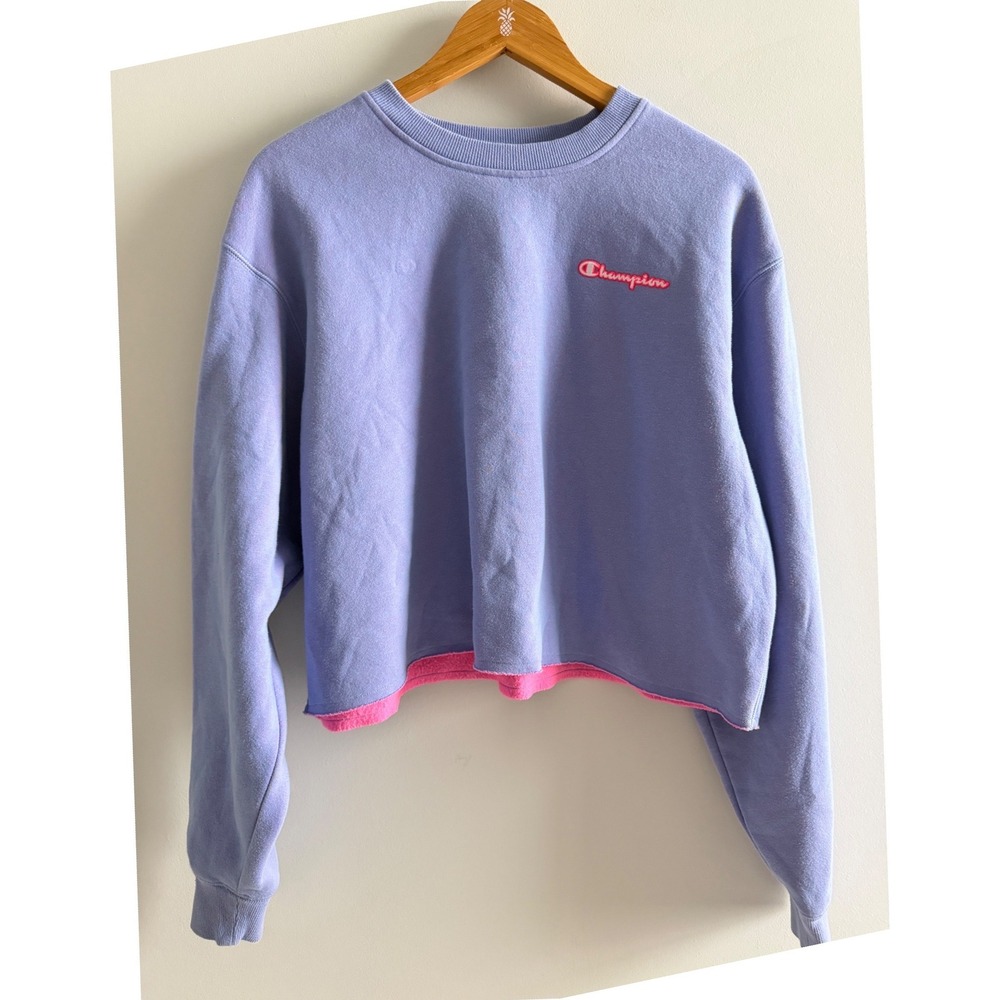 Rare Champion Reversible Cropped Sweatshirt Purple Pink Fleece Y2K Raw Hem Large